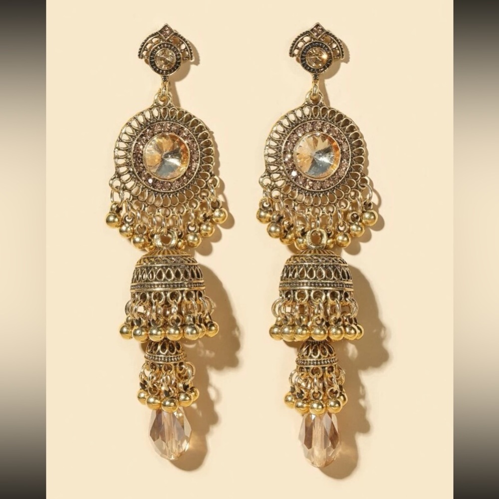 Golden Gilded Goddess Exotic Jhumka Ball Linear Statement Linear Dangle … - Picture 8 of 8